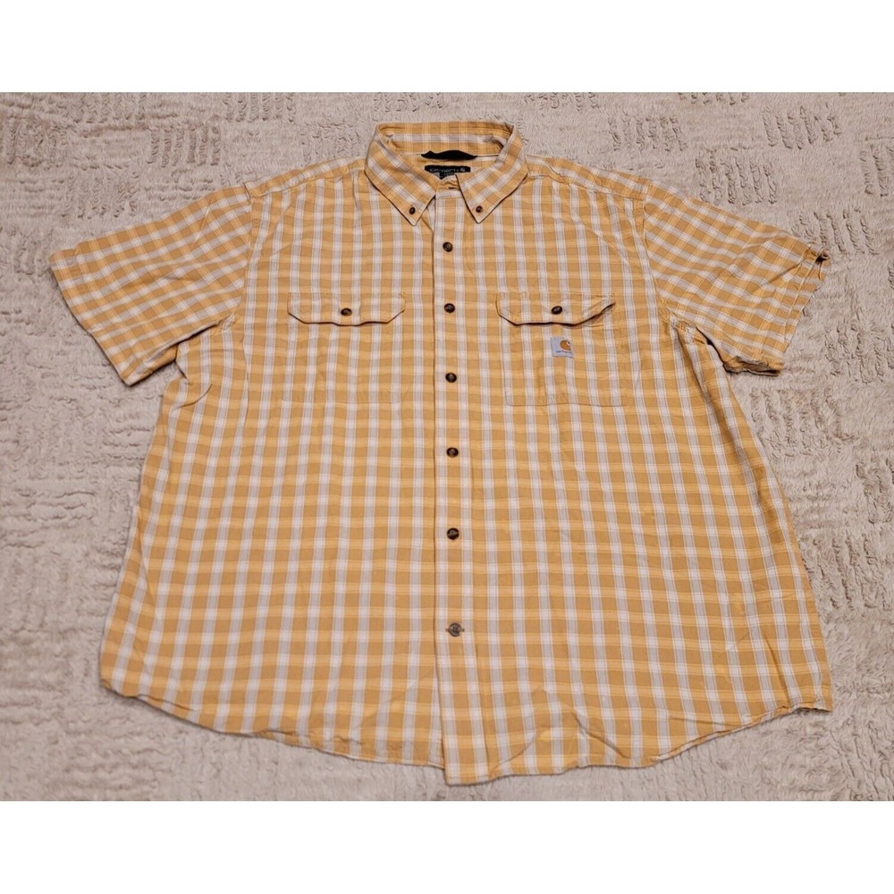 Carhartt Loose Fit Plaid Short Sleeve Button Shirt Mens XL Yellow Pockets Camp